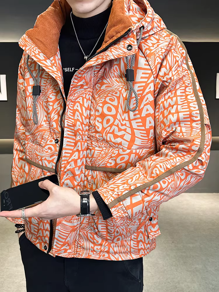 Áo khoác có mũ trùm đầu in hình cao cấp dành cho nam, mùa đông dày dặn, kiểu dáng thời trang, ôm dáng, ngắn gọn, chất lượng cao