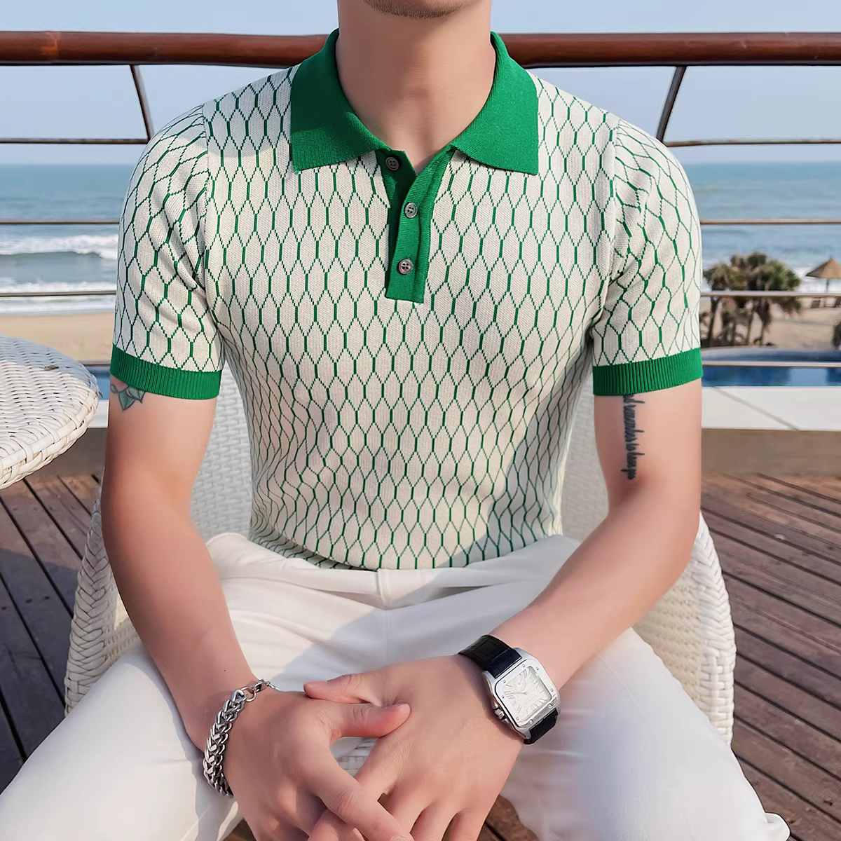 Áo polo nam chất liệu lụa đá phối màu, tay ngắn, kiểu dáng mỏng nhẹ mùa hè, phiên bản Hàn Quốc, ôm dáng, chất liệu dệt kim cao cấp, cảm giác mát lạnh, cổ trụ, áo thun thời trang.