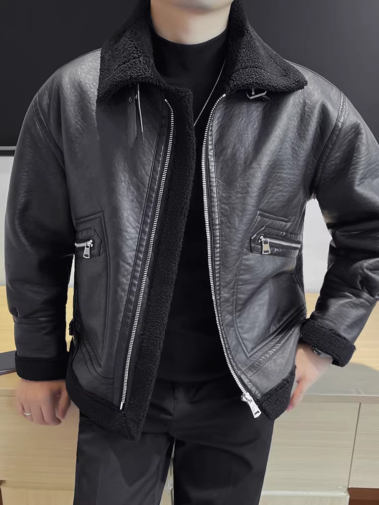 Áo khoác lông cừu nam mùa đông 2024 mới dày dặn ấm áp cổ lông ngắn