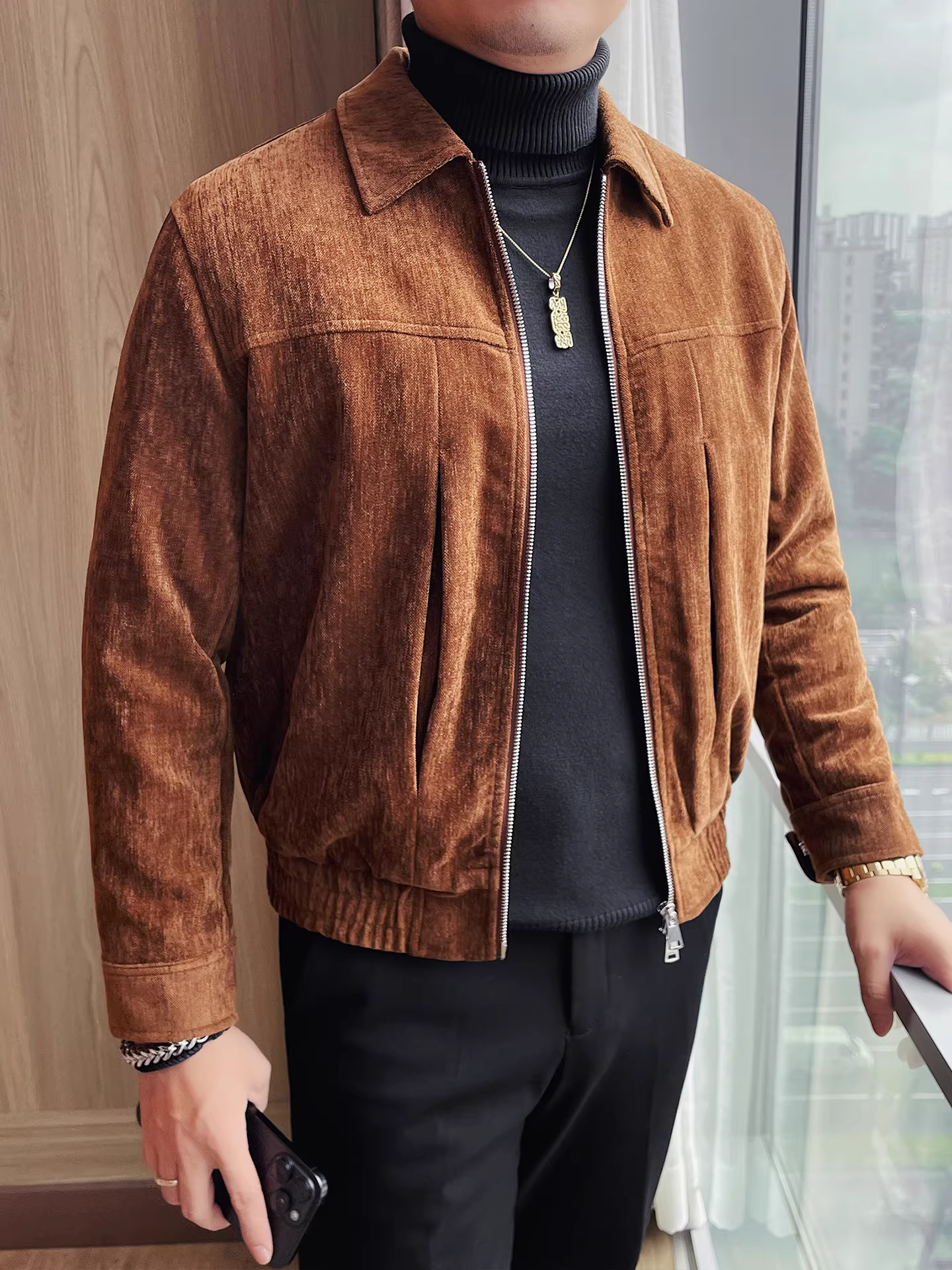 Áo khoác nam lót bông dày dặn chất liệu da lộn, kiểu dáng mới thu đông 2025, cổ trụ ôm dáng ngắn, chất lượng cao