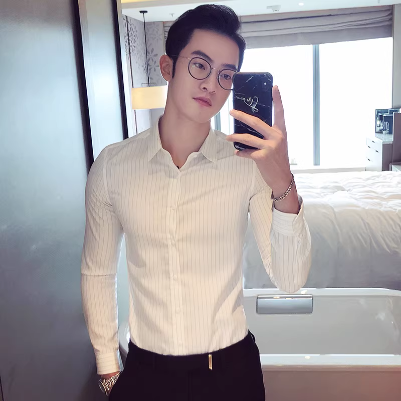Giảm giá: Áo sơ mi nam dài tay sọc trắng, dáng ôm, phong cách công sở cao cấp, áo sơ mi kiểu Anh dành cho nhà tạo mẫu tóc