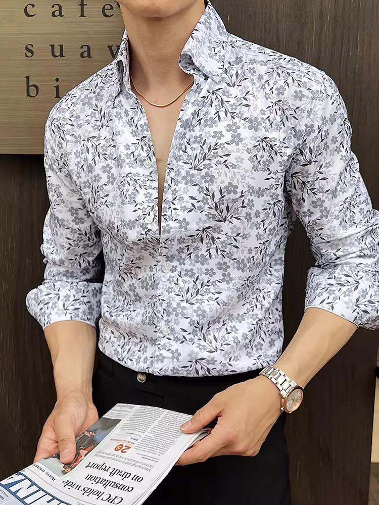 Áo sơ mi nam cổ chữ V in họa tiết, tay dài, kiểu xuân thu mới, hợp thời trang, cao cấp, công sở lịch sự, chống nhăn