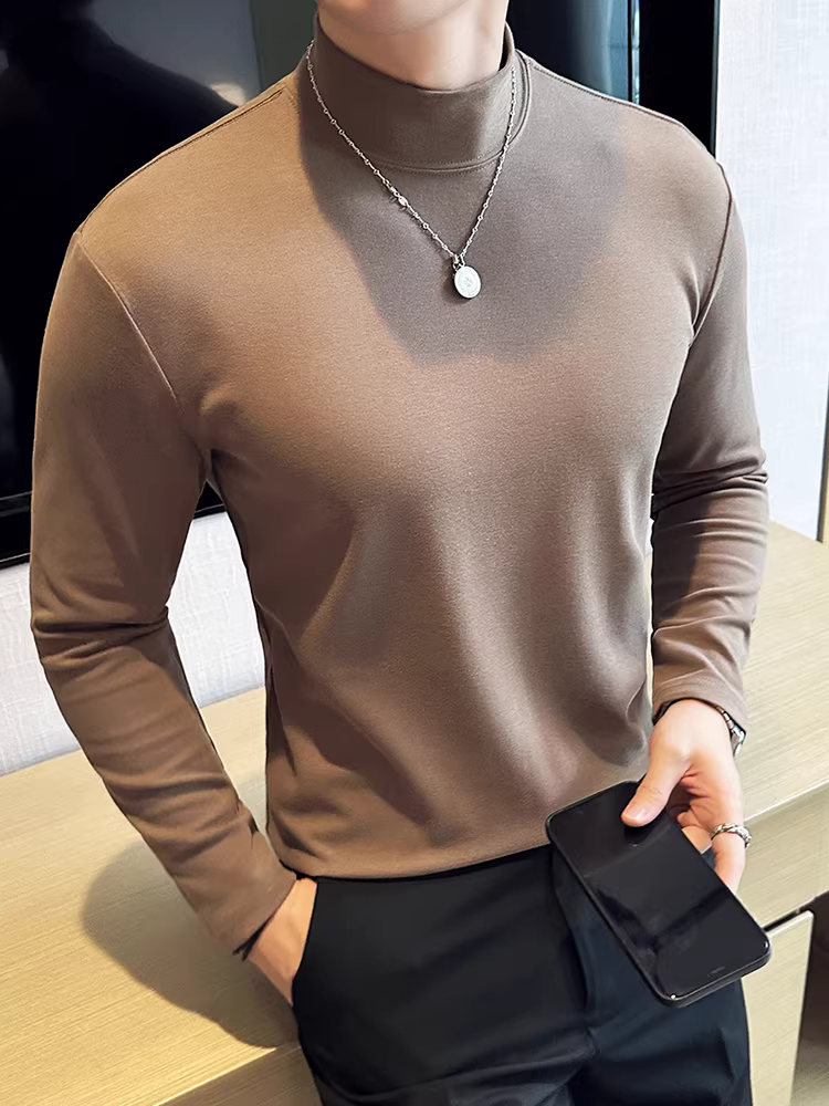 Áo thun dài tay cổ cao nửa cổ dành cho nam, thời trang thu đông đa năng, dáng rộng thoải mái, áo lót đa năng