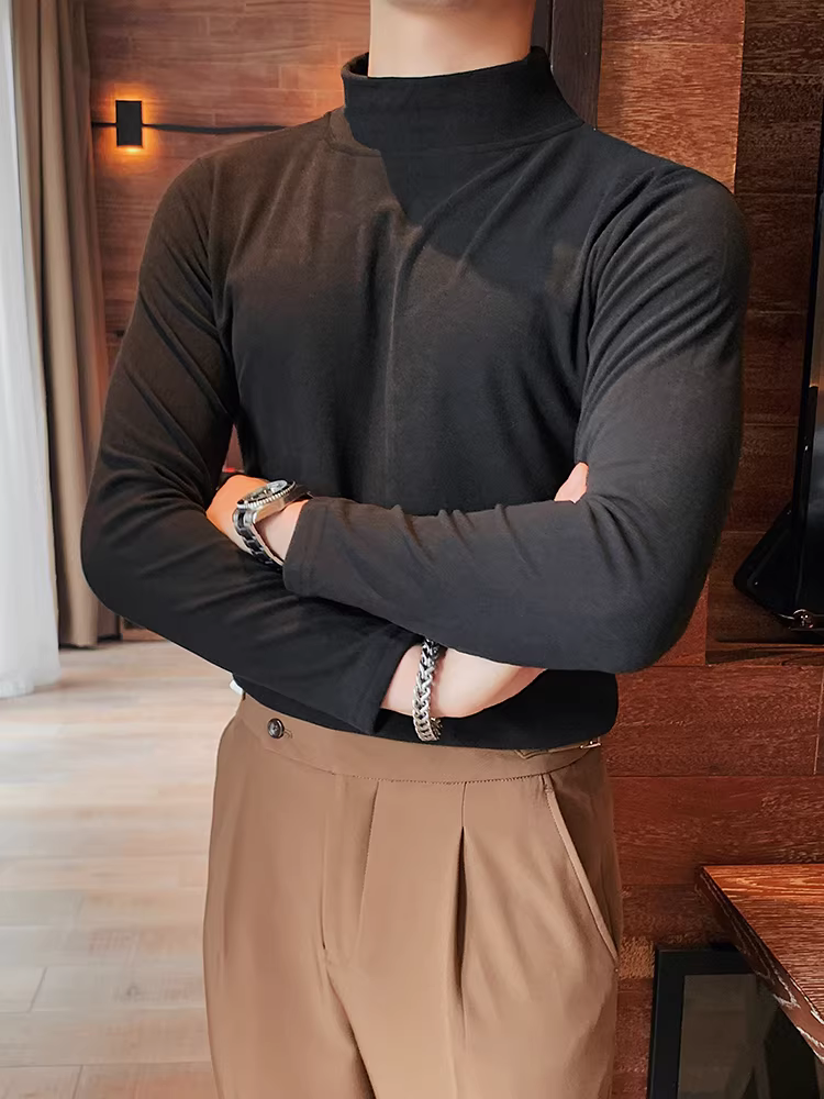 Áo sơ mi lớp lót cổ cao nửa cổ De Rong dành cho nam, áo thun dài tay lông cừu hai mặt mới mùa thu đông, áo cổ giữa lớp trong dày dặn.