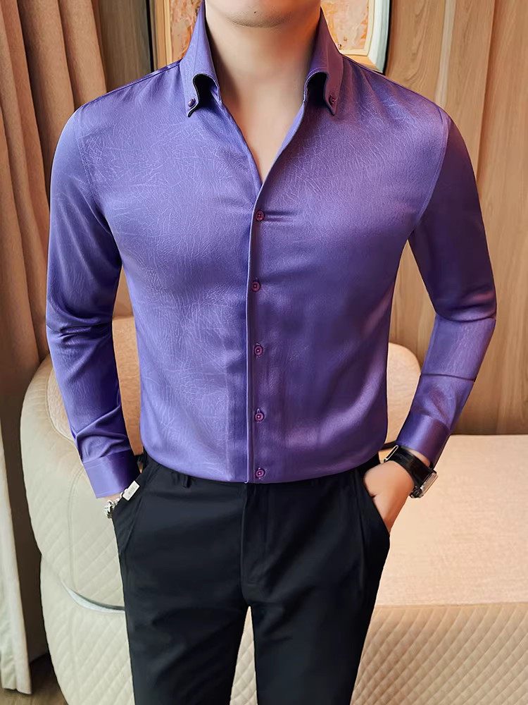 Áo sơ mi nam giả lụa bóng, dệt jacquard, tay dài, kiểu dáng thu mới, thiết kế cao cấp, kiểu dáng công sở lịch lãm ôm dáng