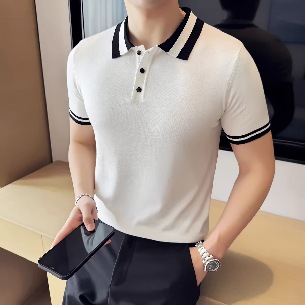 Áo polo dệt kim mỏng bằng lụa băng kiểu Anh dành cho nam, tay ngắn, thoáng khí, thoải mái, đa năng, áo thun phối màu cao cấp cho mùa hè