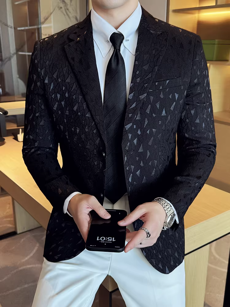 Áo blazer in họa tiết cao cấp dành cho nam, xu hướng thời trang thu mới, phong cách công sở lịch lãm, áo khoác vest ôm dáng đa năng