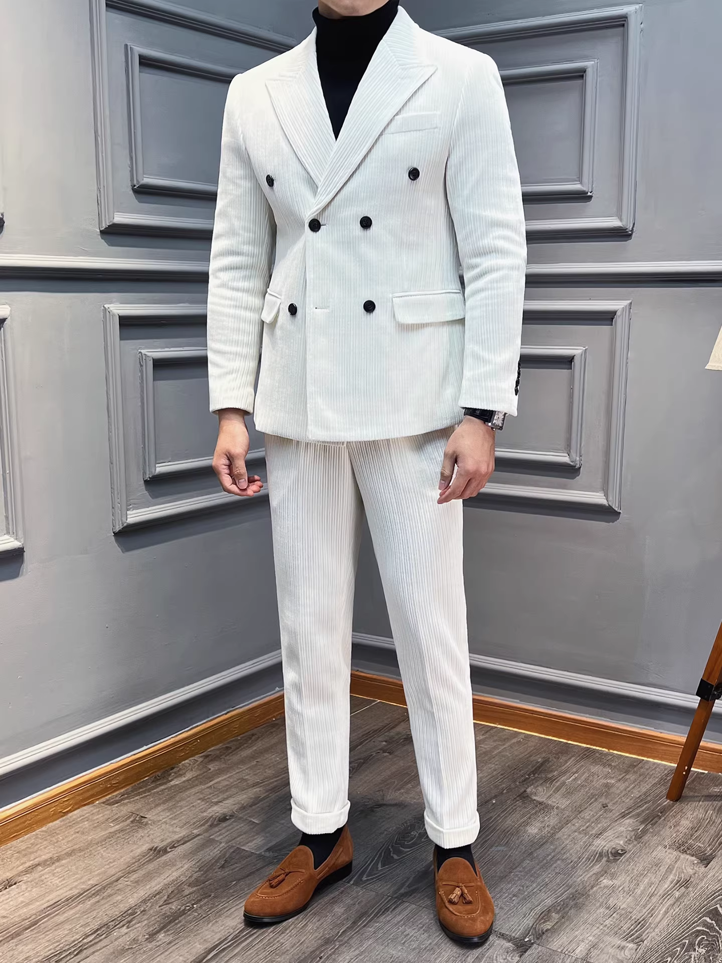 Bộ vest nam chất liệu nhung dày, dáng ôm, kiểu dáng mới thu đông, thời trang công sở lịch lãm, đa năng.