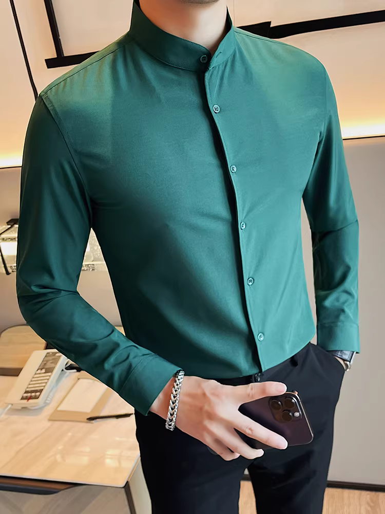 Áo sơ mi cổ đứng kiểu Trung Quốc mới dành cho nam, dài tay, cao cấp, đa năng cho mọi mùa, dáng ôm, trang phục công sở thường ngày, áo sơ mi trắng đẹp trai