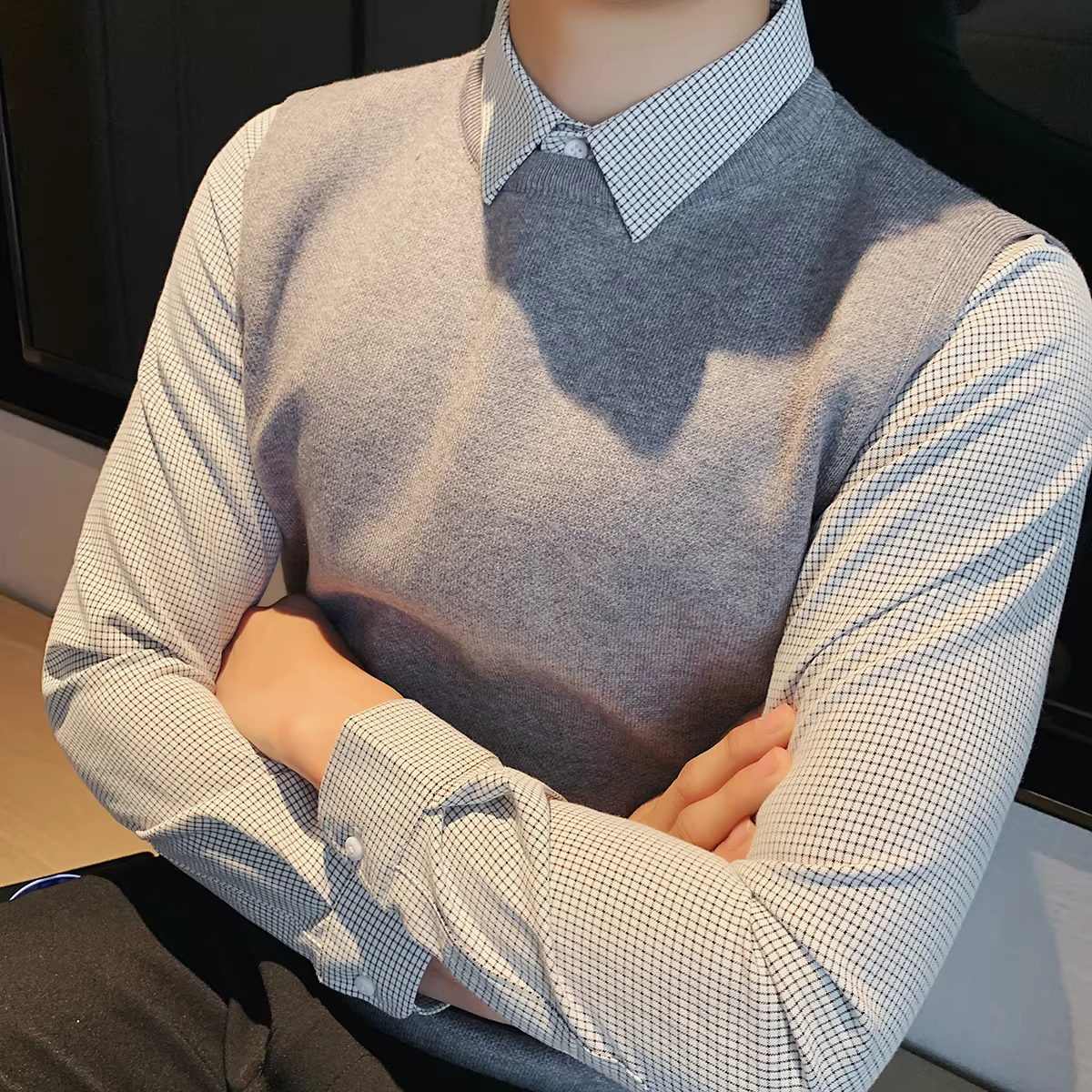 Áo len giả hai mảnh họa tiết răng chó dành cho nam, cổ áo sơ mi, thu đông, chất liệu dệt kim cao cấp, kiểu dáng ôm body, lịch sự, áo sơ mi công sở.