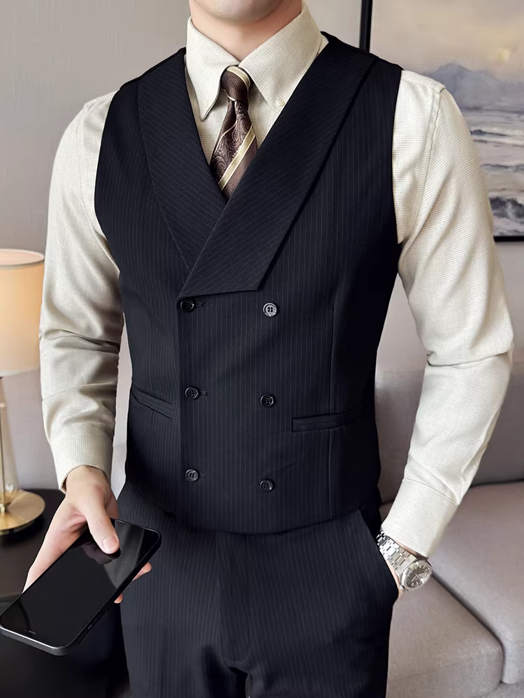 Áo vest kẻ sọc hai hàng khuy nam, kiểu Anh, mùa xuân thu, mới, phong cách công sở lịch lãm, phù hợp cho phù rể