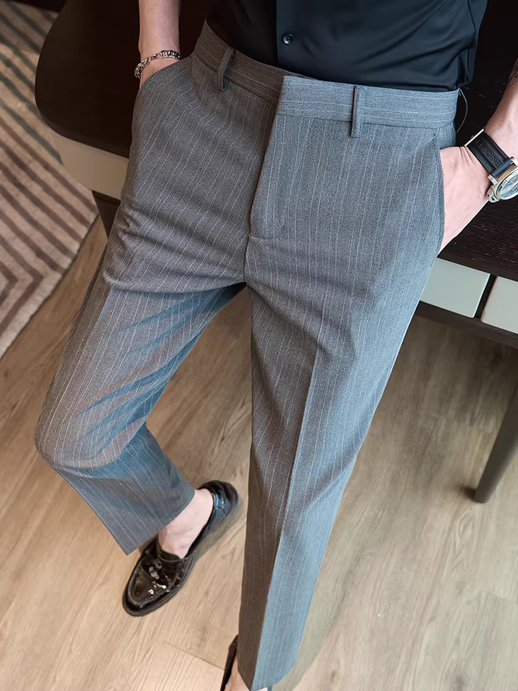 Quần âu nam kẻ sọc, quần dài cao cấp, phong cách Anh quốc thời thượng, quần âu kiểu dáng ôm body, quần âu công sở ống côn.