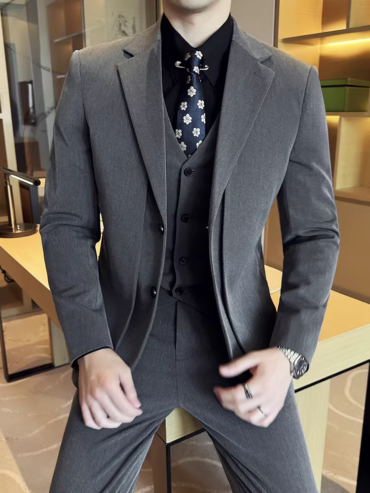 Bộ vest giả hai mảnh dành cho nam, thời trang công sở mùa xuân thu mới, kiểu dáng thời thượng, ôm dáng, đa năng, lịch lãm phong cách Anh.