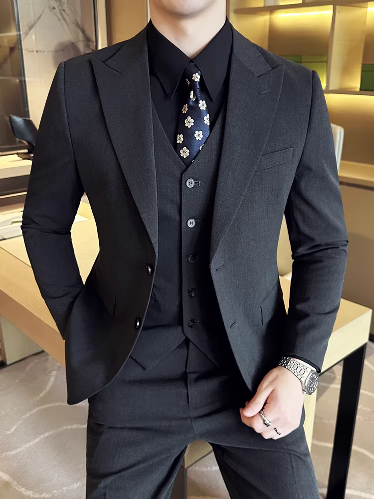 Bộ đồ cao cấp bộ đồ nam công sở giản dị phong cách Anh quốc váy cưới chú rể dáng ôm vừa vặn bộ đồ trang trọng bộ đồ ba mảnh