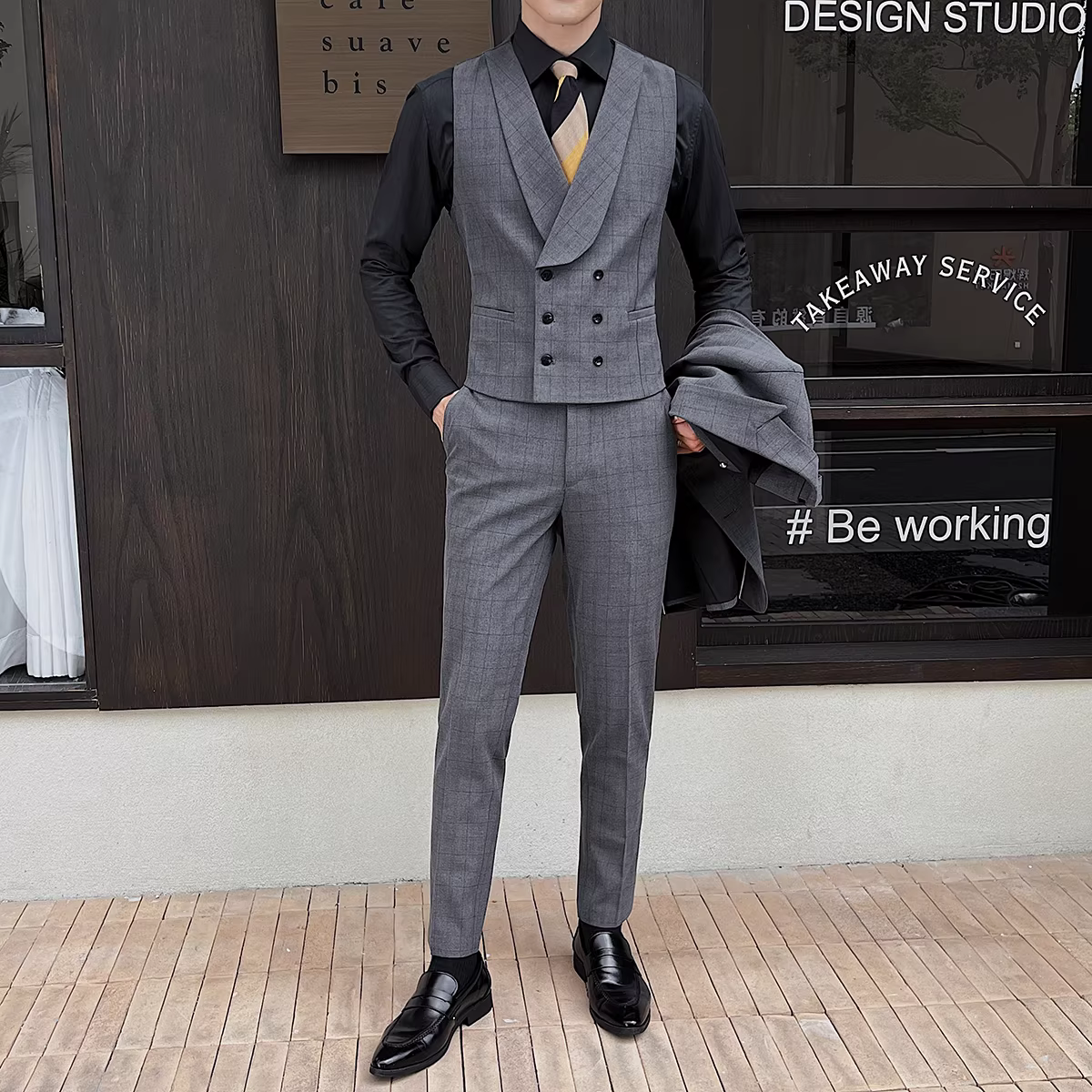 Áo vest nam kẻ ca rô kiểu Anh, dáng vest hai hàng khuy, mùa xuân thu, kiểu dáng mới, lịch sự, thời trang, ôm dáng, phù hợp cho phù rể