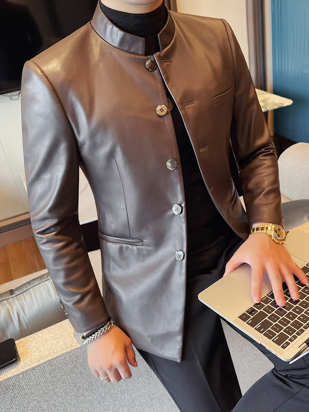 Áo vest da kiểu Trung Quốc mới dành cho nam 2025, thời trang mới, kiểu dáng ôm body, lịch lãm, cao cấp