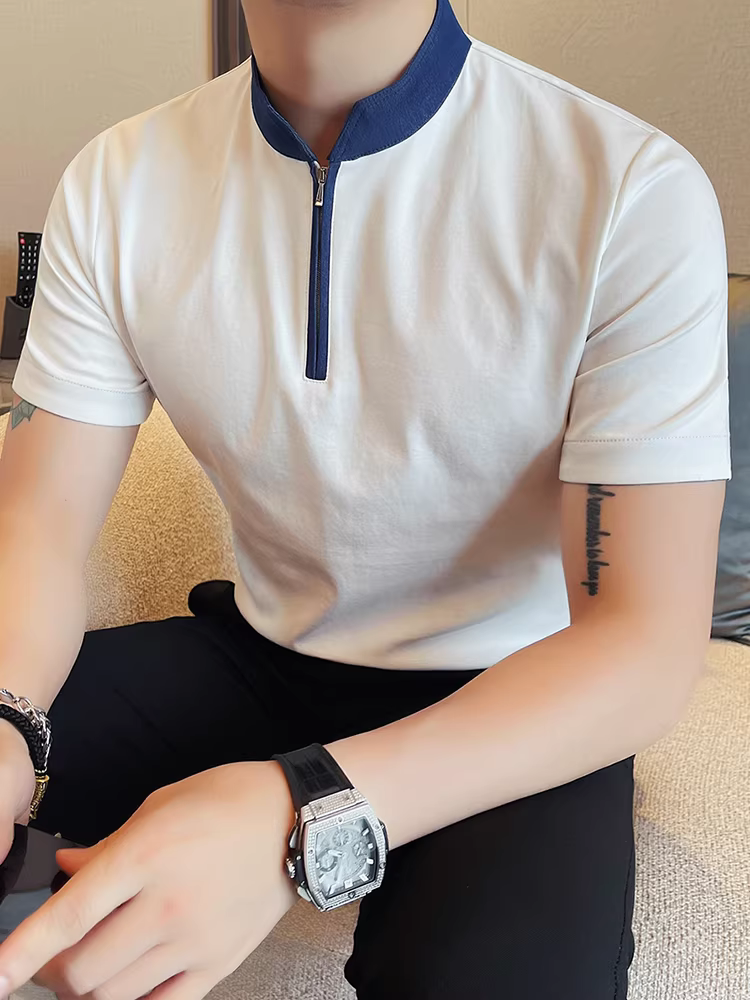 Áo thun nam tay ngắn cổ đứng có khóa kéo, thiết kế mùa hè mới, sành điệu, đa năng, giản dị, thoải mái, vừa vặn, thoáng khí