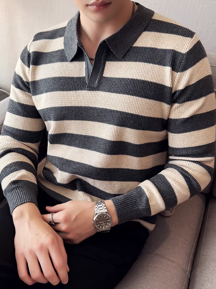 Áo len nam cổ V dệt kim dáng ôm, phối màu tương phản, tay dài, kiểu dáng mới thu đông 2025