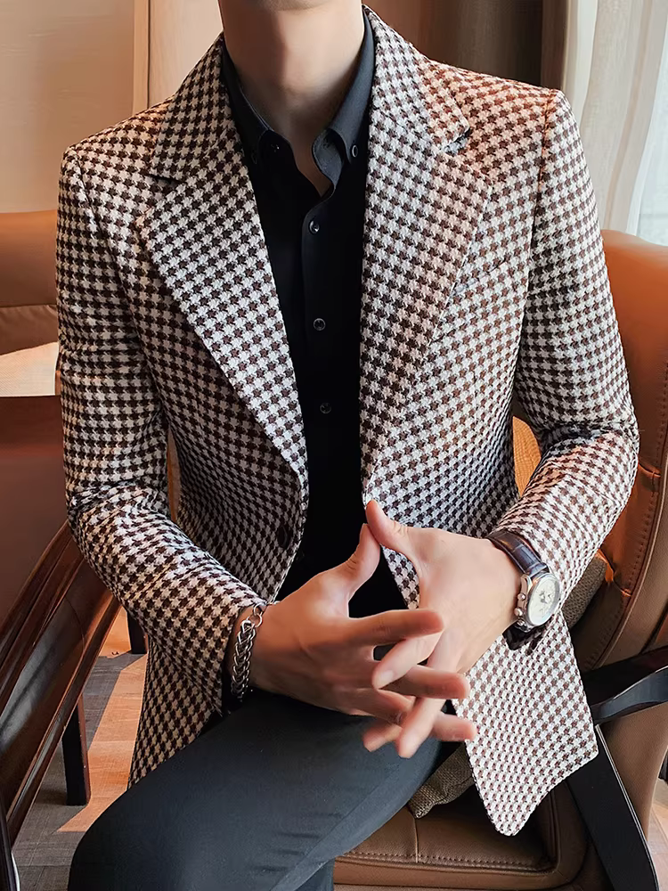 Áo blazer kẻ caro nam, kiểu mới thu đông 2025, thời trang, ôm dáng, lịch lãm, phong cách công sở lịch sự, không nhăn, dễ chăm sóc.