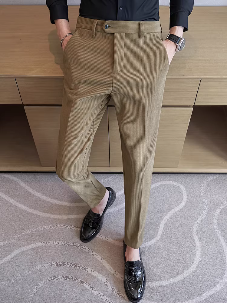 Quần âu nam chất liệu corduroy, mùa thu đông, thời trang cao cấp, đa năng, phong cách công sở Anh, kiểu dáng ôm body.