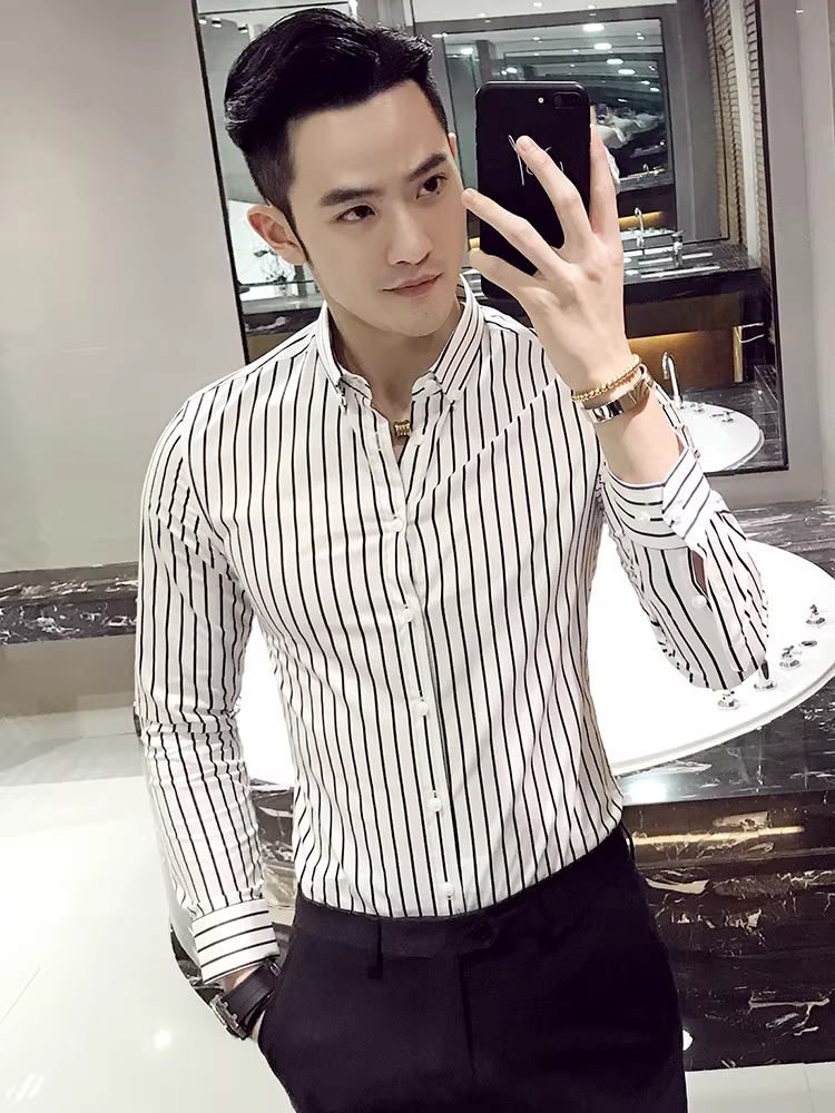 Áo sơ mi sọc đẹp trai cho nam, dài tay, thu đông, lót lông cừu, phong cách Hàn Quốc, dáng ôm, áo sơ mi công sở thời trang, giản dị, áo không cần là.