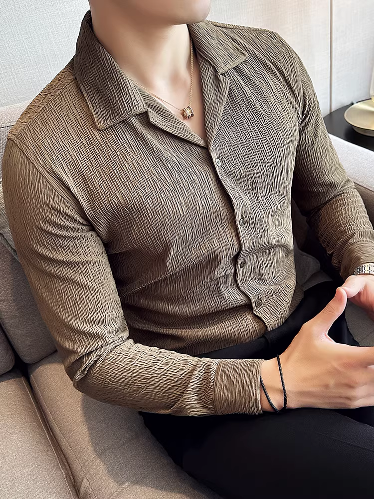 Áo sơ mi cổ Cuba dành cho nam, tay dài, kiểu dáng xuân thu mới, phong cách công sở lịch sự, đa năng, cao cấp, thiết kế xếp ly, áo hơi rộng