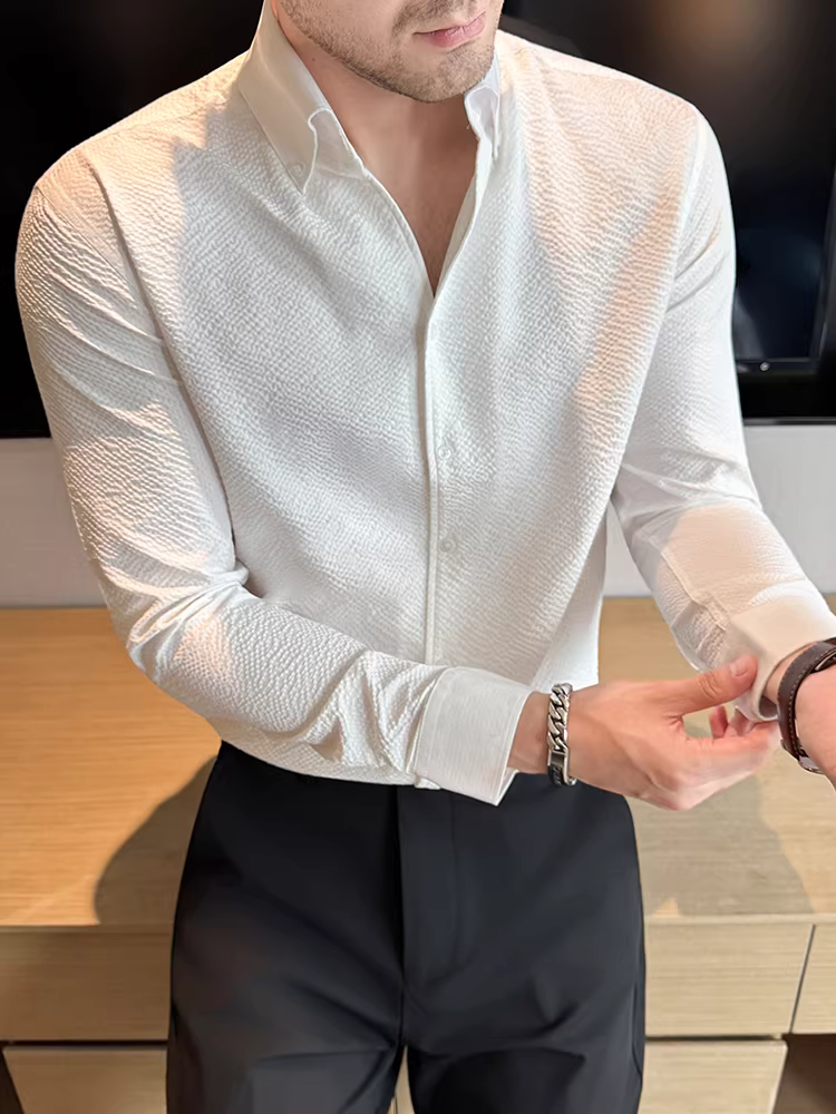 Áo sơ mi nam cổ V kiểu Pháp, tay dài, thời trang thu đông 2025, phong cách công sở lịch lãm, đa năng, không nhăn, dễ chăm sóc.