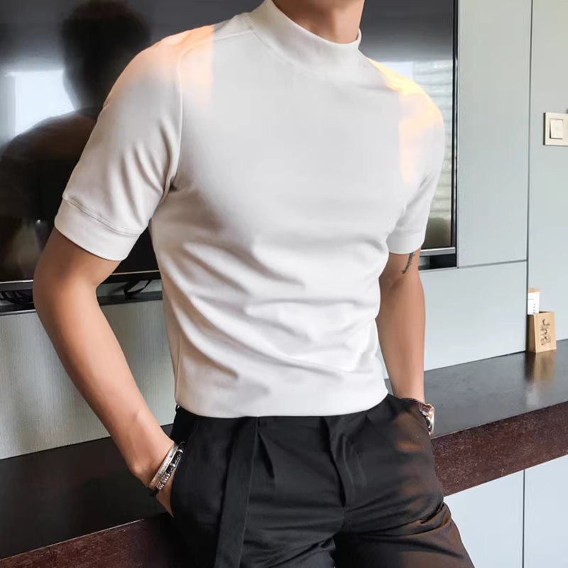 Áo sơ mi ngắn tay cổ cao nửa cổ dành cho nam, áo thun cổ tròn kiểu dáng mới mùa xuân thu, áo thun cổ tròn kiểu dáng Hàn Quốc, kiểu dáng ôm vừa vặn