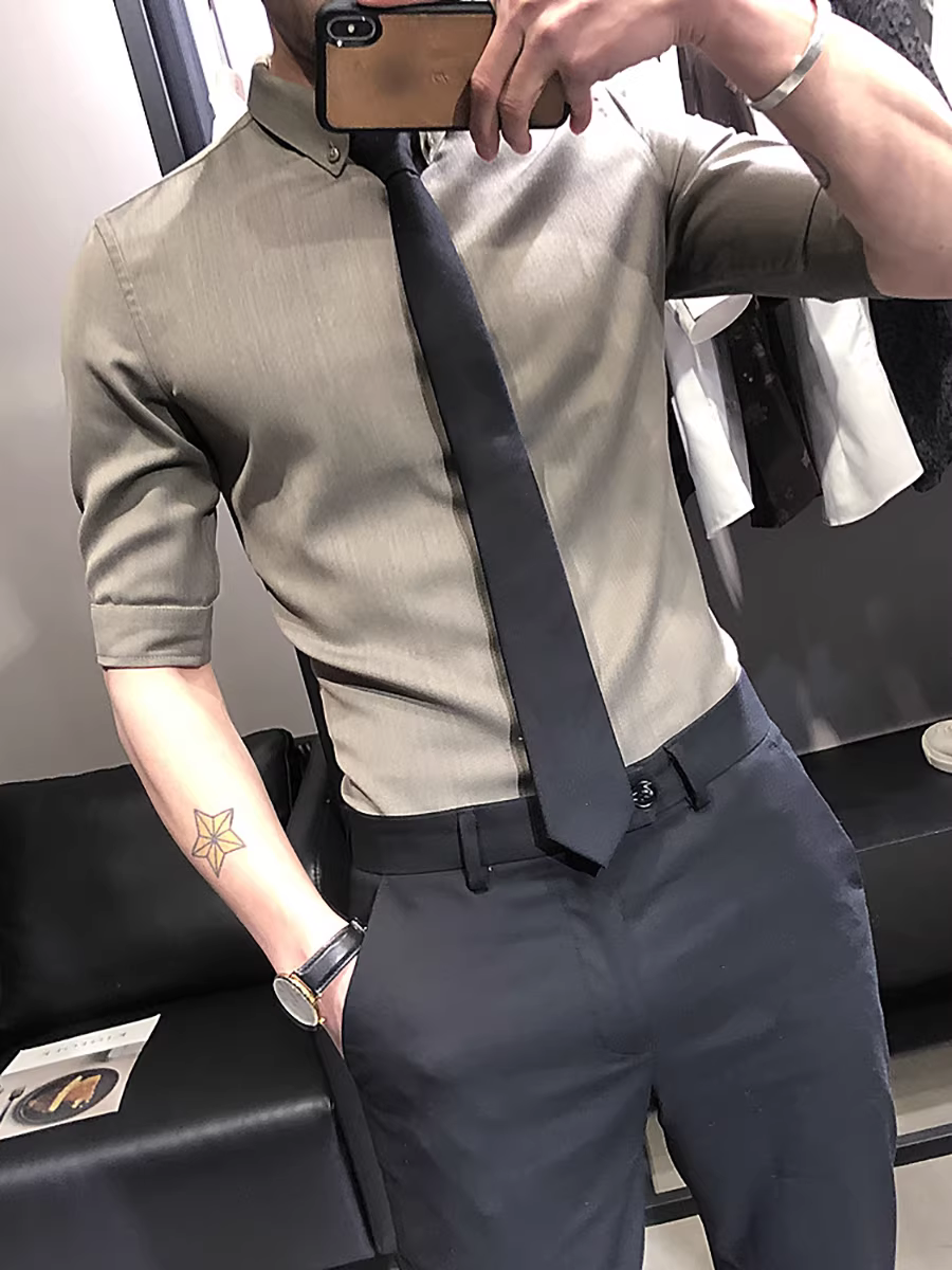 Áo sơ mi mùa hè cho nam, tay ngắn, cao cấp, không cần là, tay ba phần, áo sơ mi nam màu trơn, dáng ôm, trang phục công sở giản dị, quần áo nam đẹp trai