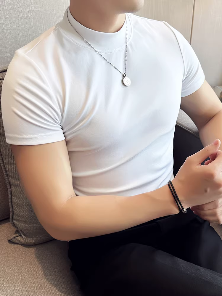 Áo thun nam tay ngắn cổ cao nửa cổ, mùa xuân thu, áo thun cơ bản cổ trung cao cấp, đa năng, co giãn, ôm sát, kiểu dáng ôm sát.