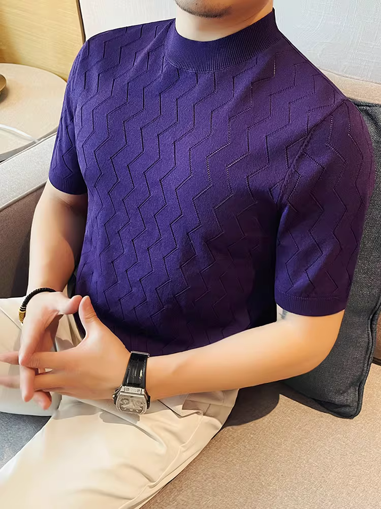 Áo thun ngắn tay bằng vải lụa băng dệt kim dành cho nam, kiểu dáng mỏng mùa hè, thoải mái, thoáng khí, đa năng, ôm vừa vặn, tạo cảm giác cao cấp.