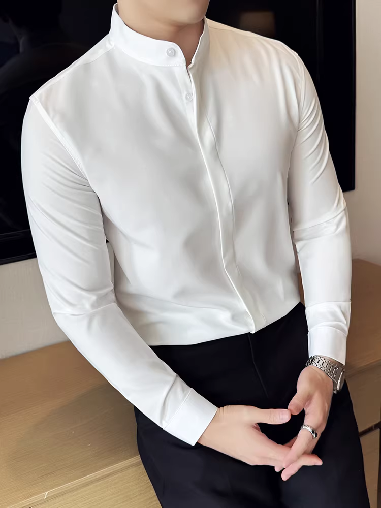 Áo sơ mi cổ đứng có nút ẩn kiểu Trung Quốc mới dành cho nam, tay dài, giản dị, thời trang, màu trơn, đa năng, hợp thời trang, áo sơ mi công sở cao cấp vừa vặn.