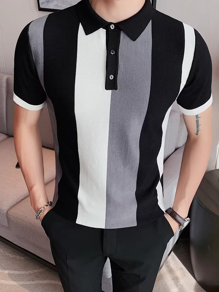 Áo thun nam lụa băng phối màu sọc, tay ngắn, kiểu dáng mỏng mùa hè, áo polo cao cấp có cổ, thương hiệu thời trang công sở ôm dáng hợp thời trang.