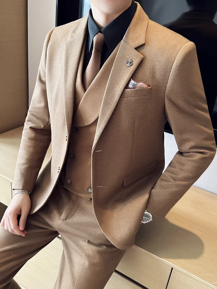 Bộ vest len nam mùa thu đông dày dặn, kiểu dáng lịch lãm, ôm dáng, cao cấp, thích hợp cho chú rể, đám cưới.