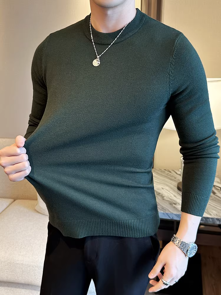 Áo len nam cổ tròn dài tay thu đông 2024 mới màu trơn đa năng phong cách Hàn Quốc dáng ôm dệt kim