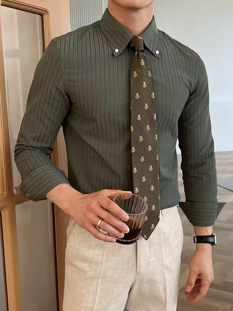 Áo sơ mi sọc cao cấp dành cho nam, trang phục công sở dài tay, áo sơ mi cổ nhọn kiểu dáng thanh lịch, đa năng, hợp thời trang, ôm dáng, không nhăn.