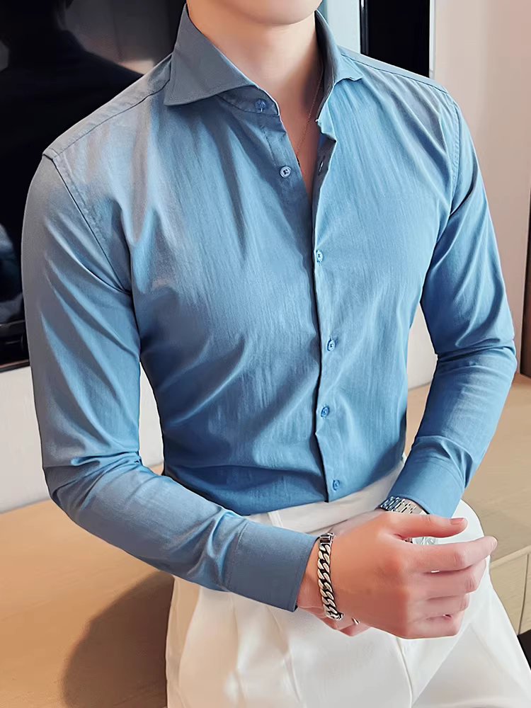 Áo sơ mi nam cổ Windsor một đường may, tay dài, kiểu mới xuân thu 2024, cao cấp, lịch lãm, lịch sự, đẹp trai