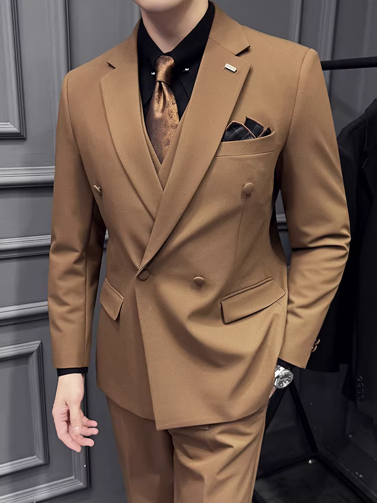 Bộ vest nam hai hàng khuy, chất lượng cao, mềm mại và bay bổng, kiểu dáng ôm sát, trang phục công sở lịch sự, vest cưới, bộ ba món