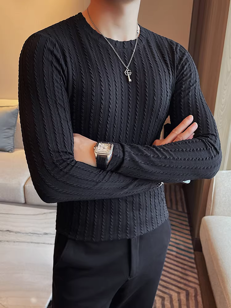 Áo thun nam cổ tròn sọc, dài tay, xuân thu, hợp thời trang, ôm dáng, giản dị, đa năng, cao cấp, áo thun thời trang.