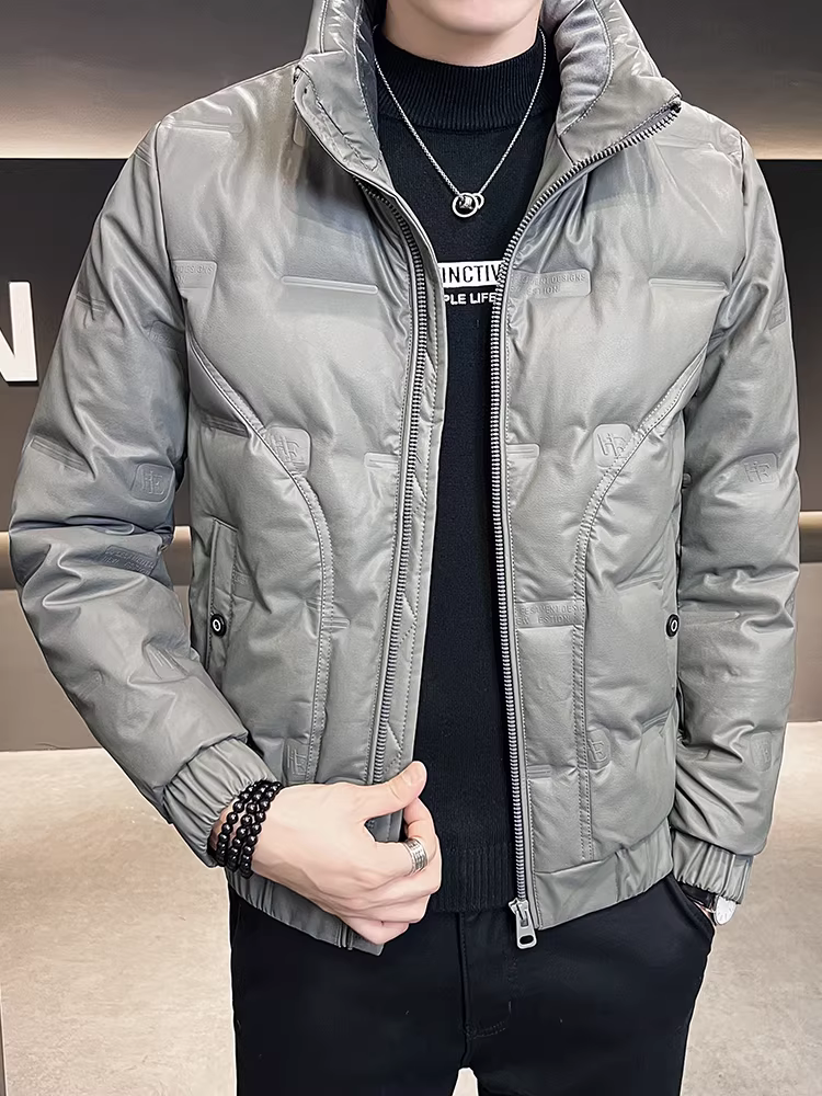 Áo khoác da PU cổ đứng dành cho nam, mùa đông 2024, kiểu dáng mới thời thượng, cao cấp, ngắn, nhẹ, ấm áp