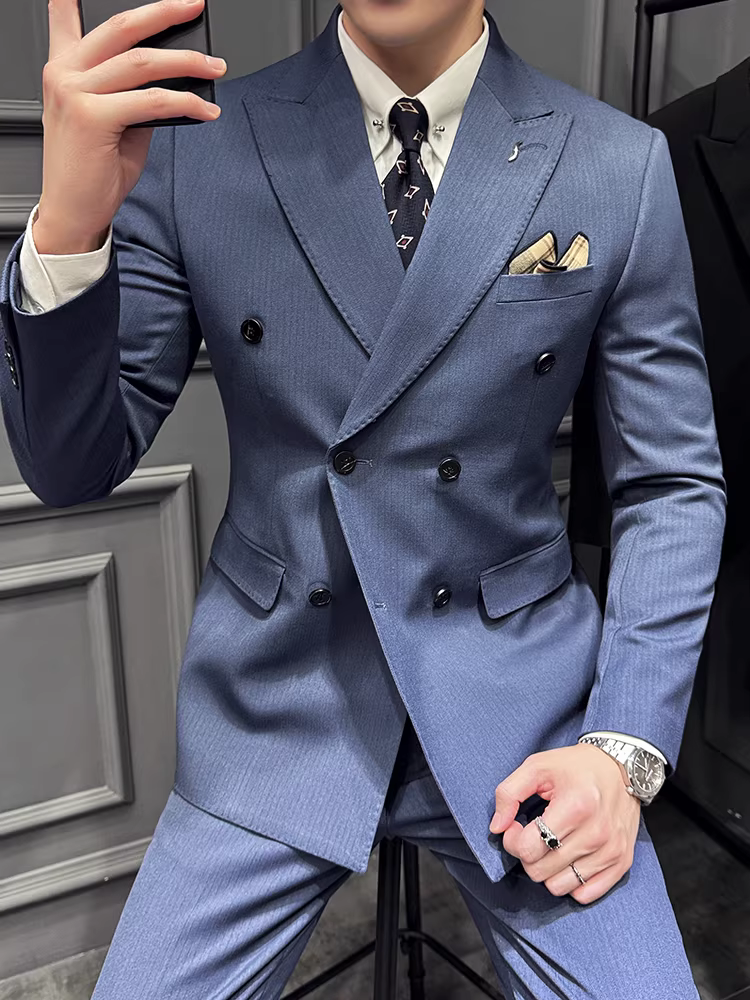 Bộ vest kẻ sọc hai hàng khuy cho nam, phong cách công sở lịch lãm, đa năng, hợp thời trang, ôm dáng, trang phục công sở trang trọng, vest chú rể đám cưới