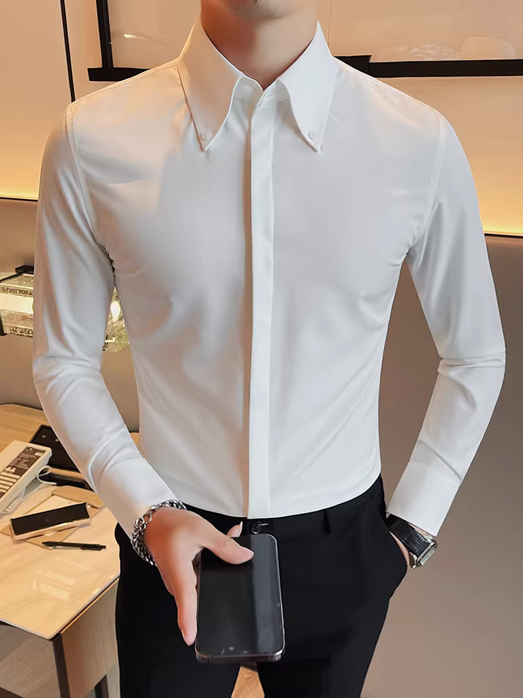 Áo sơ mi trắng cổ nhọn lớn kiểu Pháp có nút ẩn dành cho nam, dài tay, phong cách Anh cao cấp, trang phục công sở, áo cưới đẹp trai