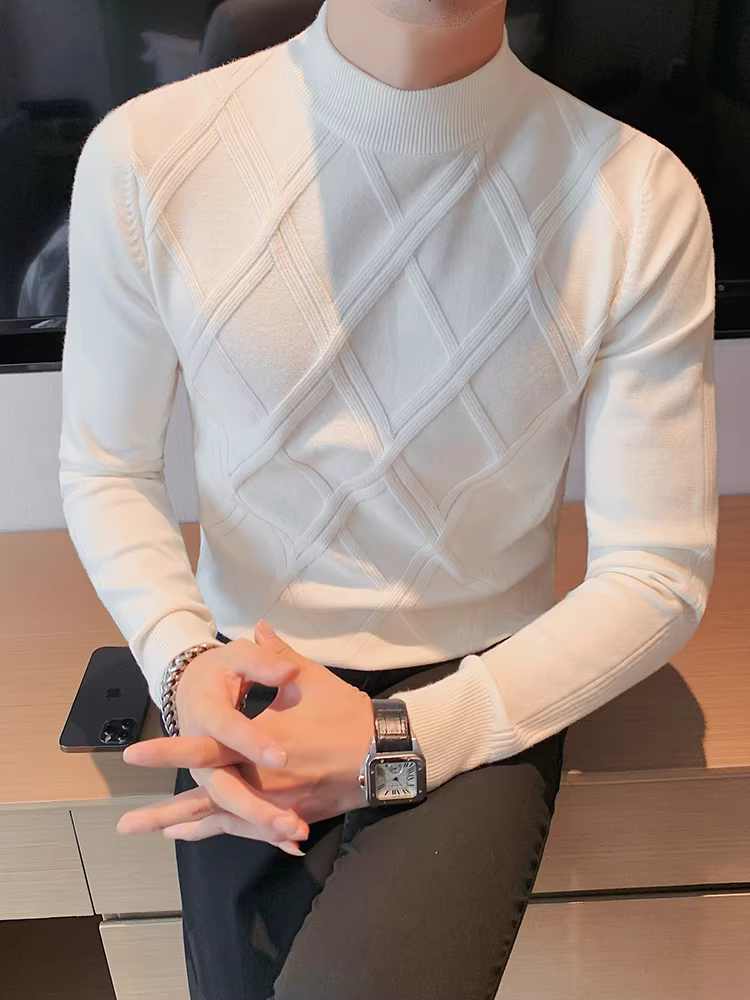 Áo len cổ lọ nửa cao dành cho nam, dày dặn cho mùa thu đông, áo len dệt kim dáng ôm mới, áo sơ mi cổ trung đa năng thời trang hợp xu hướng.