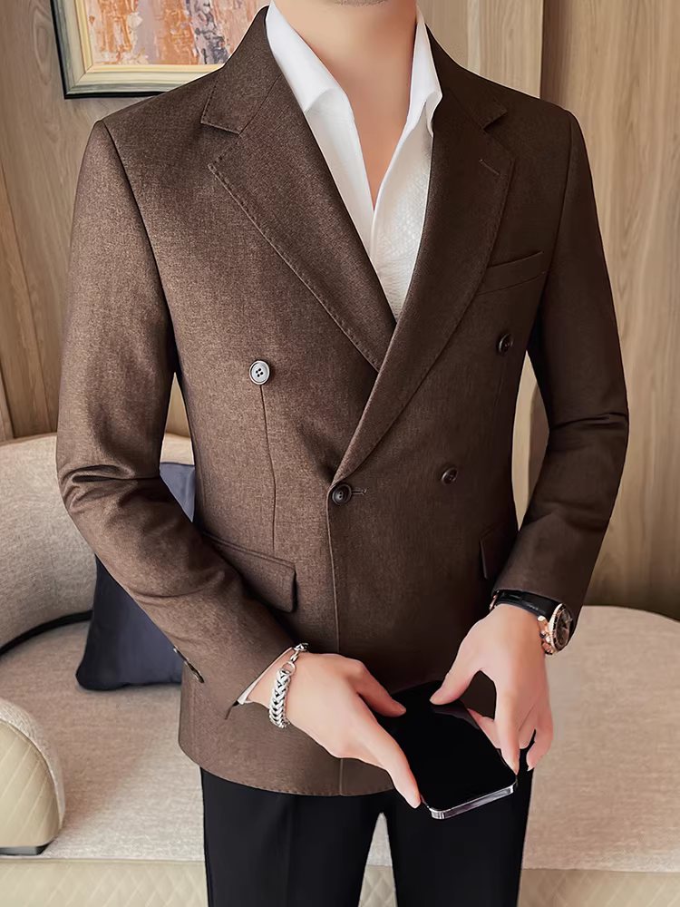 Áo blazer nam kiểu cổ điển, hai hàng khuy, thời trang xuân thu, phong cách công sở lịch sự, đa năng, dáng ôm, kiểu dáng đơn giản