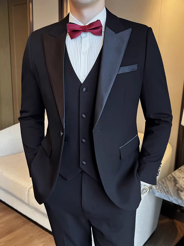 Bộ vest tuxedo len cao cấp dành cho nam, phong cách Anh quốc lịch lãm, bộ vest cưới chú rể ba mảnh
