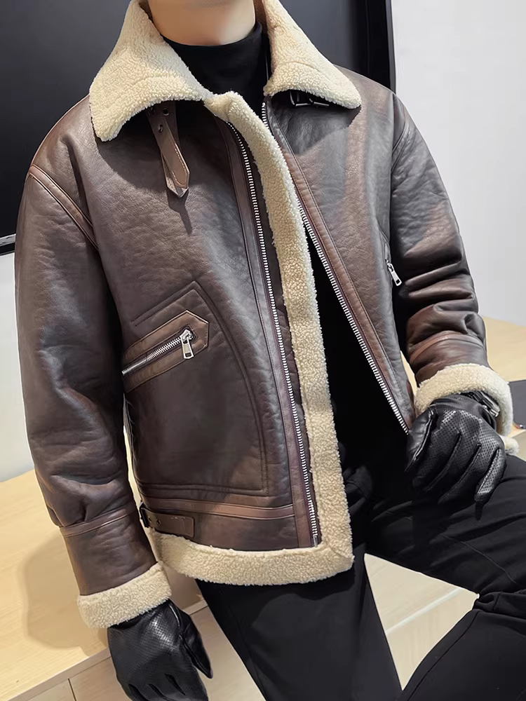 Áo khoác lông cừu nam mùa đông 2024 mới dày dặn ấm áp cổ lông ngắn