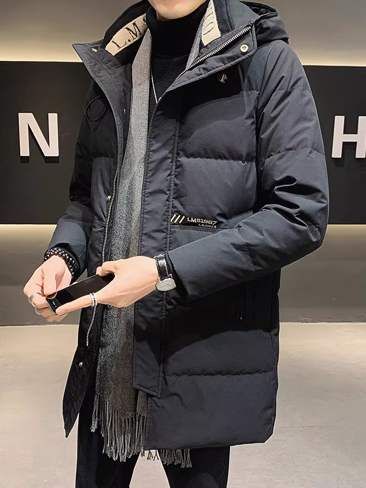 Áo khoác có mũ trùm đầu dành cho nam, dài vừa phải, dày dặn cho mùa đông, ấm áp, chống lạnh, cao cấp, phong cách, áo khoác ngoài nam thông thường.