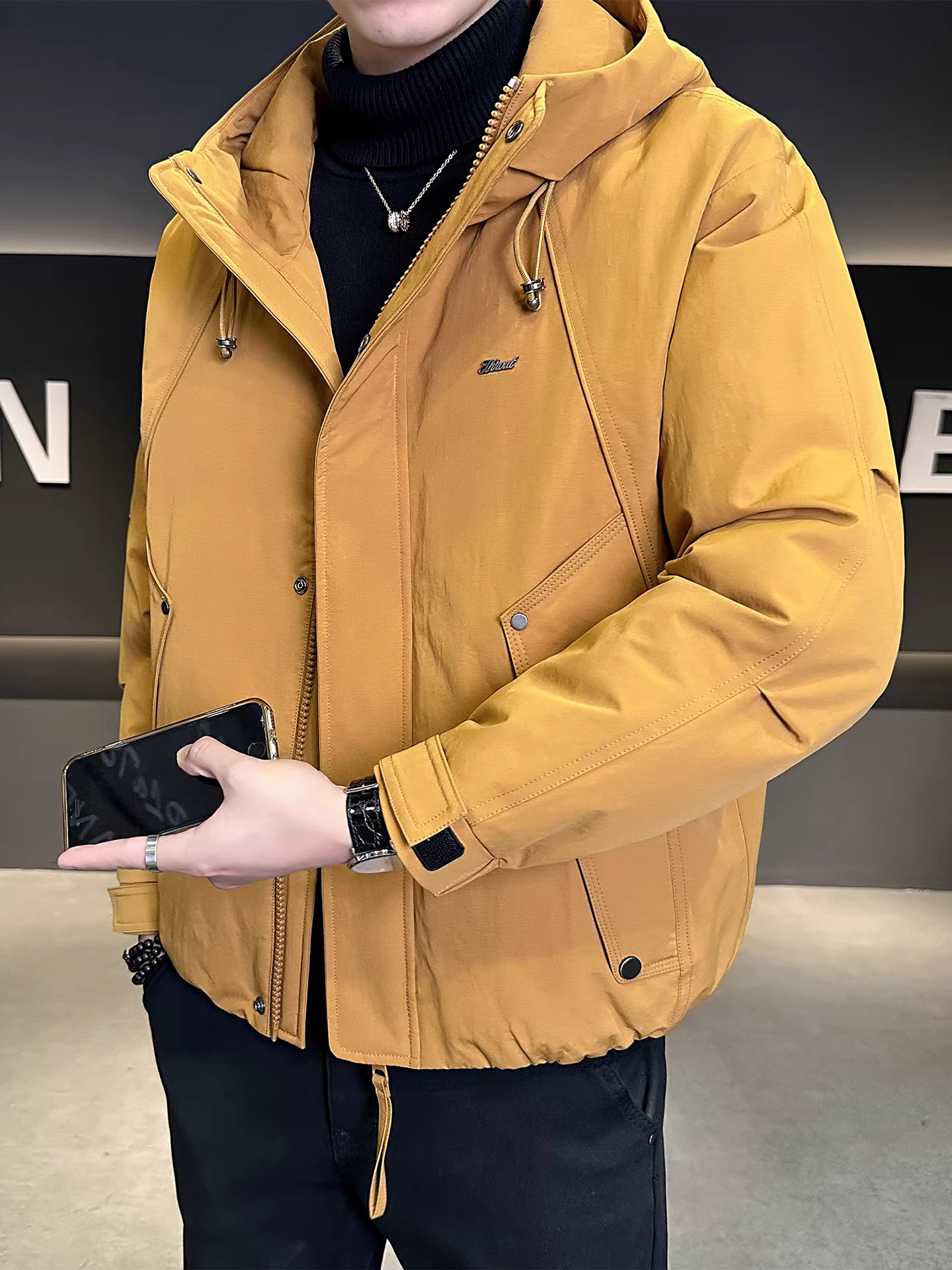 Áo khoác có mũ trùm đầu dành cho nam, kiểu mới mùa đông 2025, đa năng, dày dặn, ấm áp, chất lượng cao, áo khoác công sở thời trang.