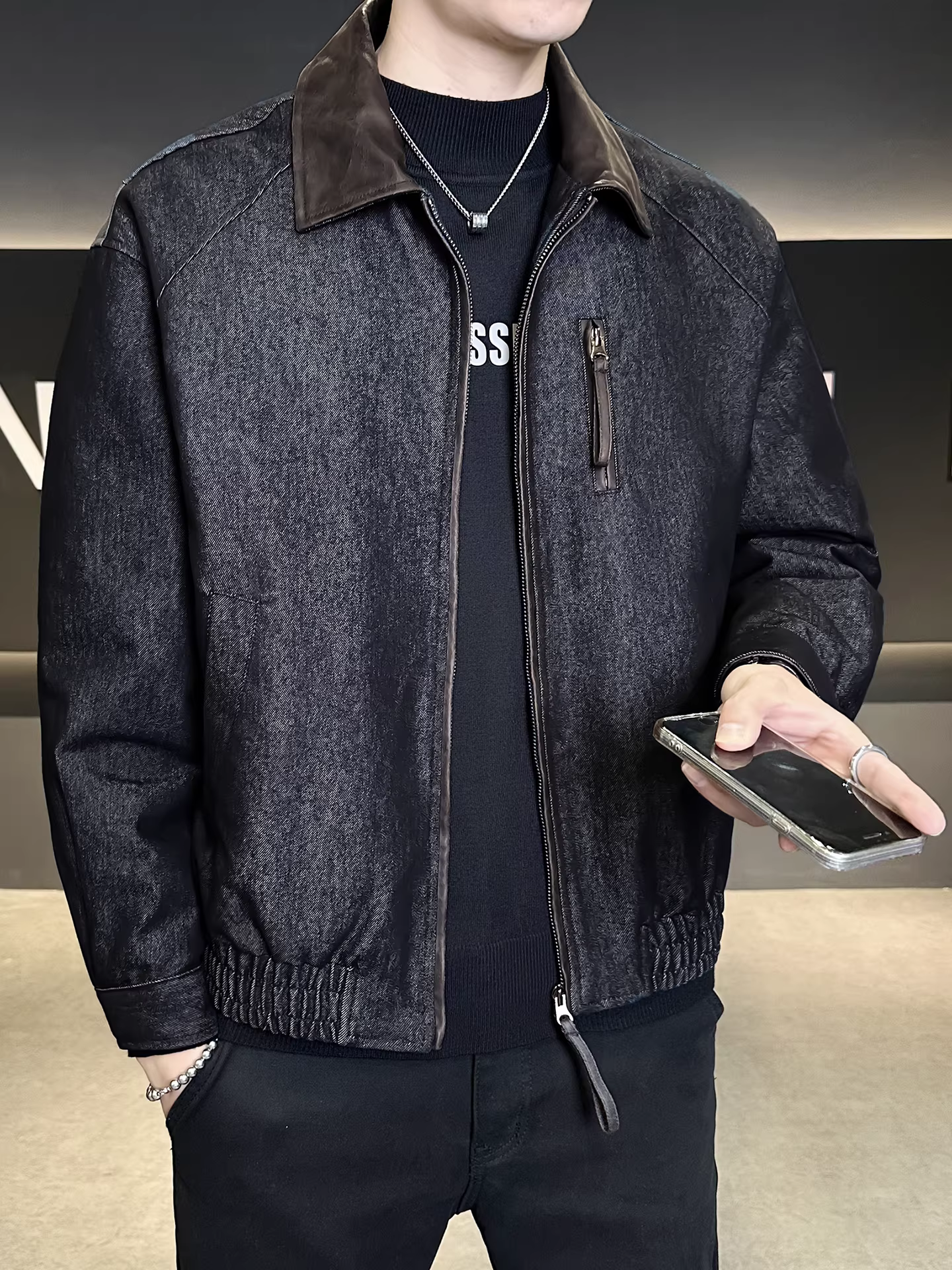 Áo khoác denim nhẹ phối da, kiểu dáng ngắn, chất lượng cao dành cho nam, mùa đông 2025, kiểu dáng mới