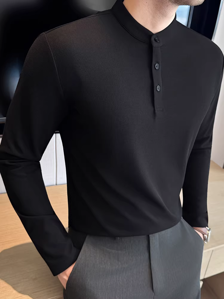 Áo thun cổ Henry kiểu Trung Quốc mới dành cho nam, tay dài, thời trang thu đông 2025, kiểu dáng ôm body, đa năng, cổ tròn